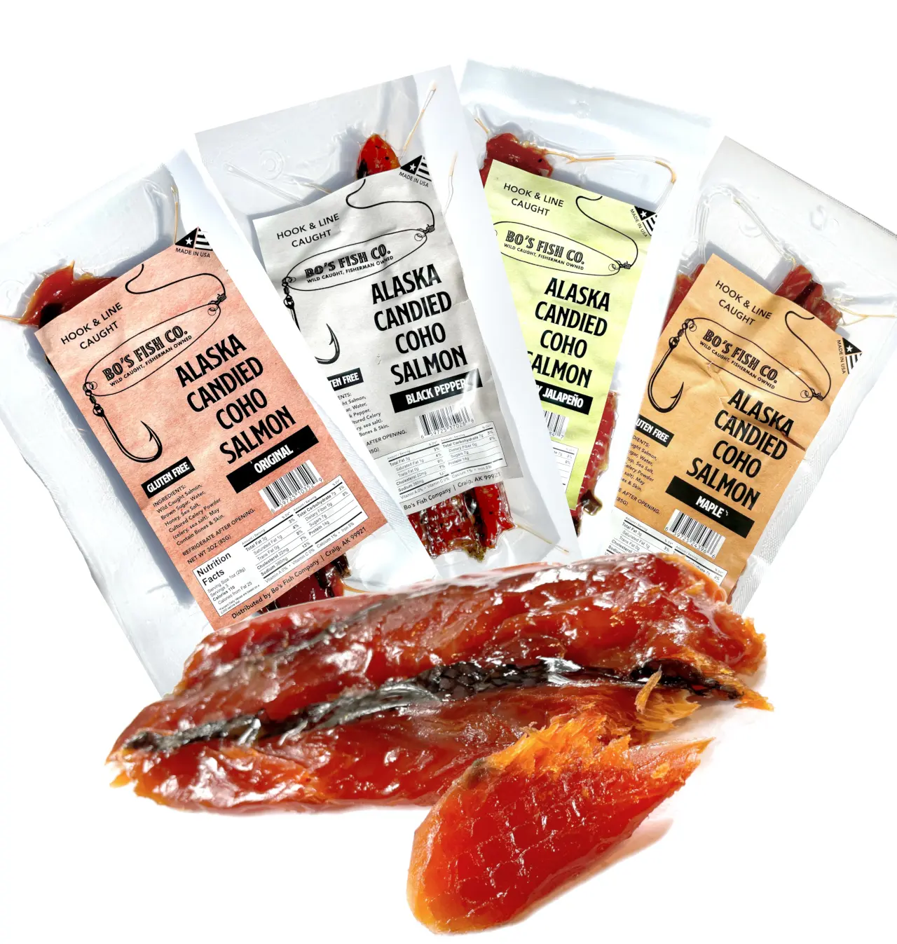 Bo's Coho Candied Salmon Jerky - Four Flavors of Wild-Caught Alaskan Salmon