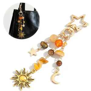 Sun and Moon Design Keychain Colorful Star Beads Key Chain Gemstone Charm, Y2K Aesthetic Boho Hippie Purse Charm for Women,Men, Handbag & Backpack Decoration, Christmas Gifts