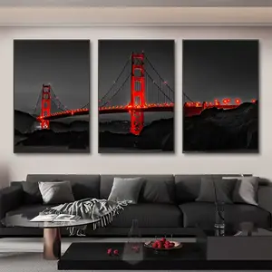 3pcs Unframed Golden Gate Bridge Night Scene Oil Painting Artistic Wall Art Print Artwork, Home Decor Canvas Poster for Living Room Decoration