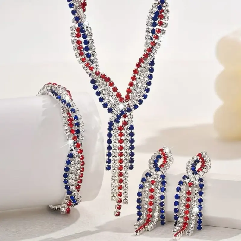 Glamorous American Flag Jewelry Set - Red, White, and Blue Rhinestone Necklace, Bracelet, and Earrings for Patriotic Occasions