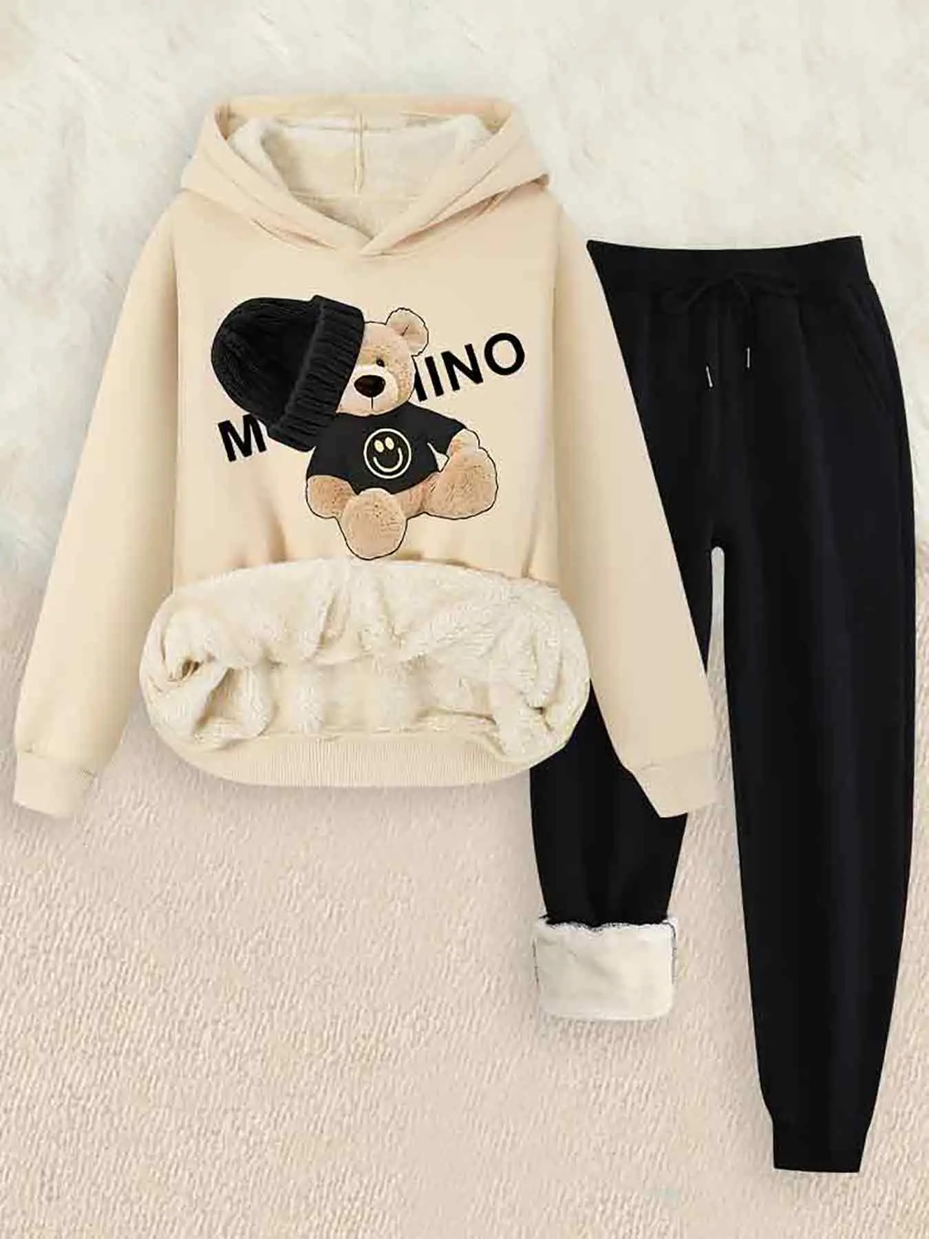 Women's Hooded Sweatshirt Set, Cartoon Bear & Letter Print, Casual Style Loose-Fit Baggy Thick Fabric, Fall Winter, 2 Piece Pack, Womenswear, Casual Everyday Set