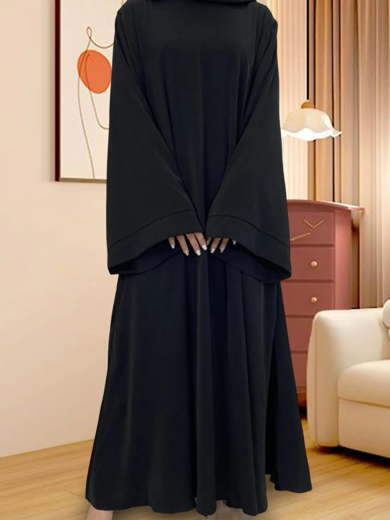 Women's Solid Long Sleeve Open Front Islamic Abaya, Muslim Clothing, Casual Comfy Muslim Sleepwear & Loungewear for Daily Wear, Ladies Sleepwear for All Seasons