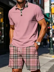 Summer Men's Plaid Checked Patchwork Set, Plaid Collar Polo Shirt + Plaid Shorts, Casual Two-Piece, Pocket, Drawstring Waist, Gift Idea