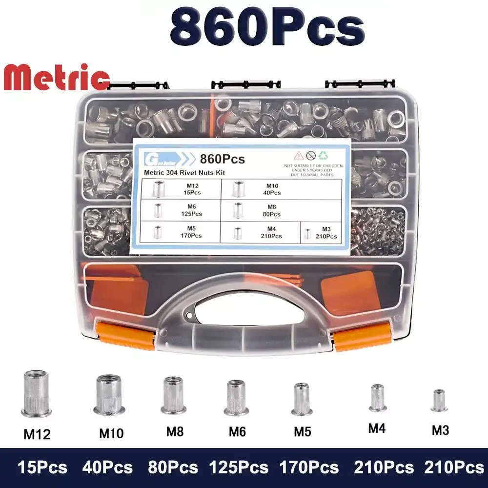 860-Piece 304 Stainless Steel Corrosion-Resistant Threaded Insert Rivet Nuts Kit with Rivet Nut Tool, Dual Imperial-Metric Sizes, Easy Installation, Storage Case, for Home Repair Projects, Furniture, Construction