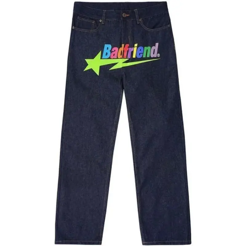 Men and women street hip-hop jeans loose bad friend letter printed denim pants Harajuku fashion punk street wear wide legs skinny jeans