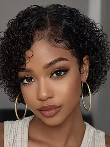 13x4x1 Lace Frontal Wig Short Curly Wig Pixie Wigs For  Women Premium Human Hair 150% Density Pixie Cut  Short Curly Wigs