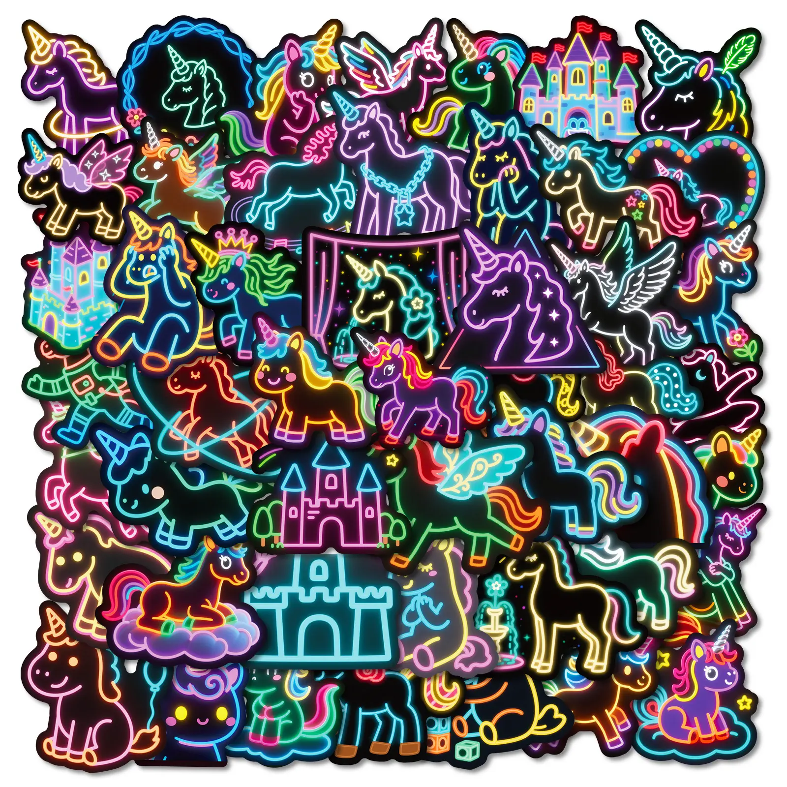 56pcs Neon Unicorn Cartoon Graffiti Series Stickers, Sticker Decals, Decal Set, Suitable for Faith Based Designs Such As Scrapbooks, Diaries, Laptops, Water Bottles, Cars, Etc., As Gifts with Positive Information