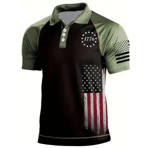 Men's American Flag Print Shirt, Patriotic Polo Shirt, Breathable Short Sleeve Casual & Semi-Formal Wear, Summer Top for Independence DayRAIMENTRY