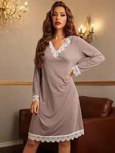Women's Contrast Lace V Neck Nightdress PJ, Summer Clothes Women, Colorblock Long Sleeve Nightgown, Women's Nighties, Ladies Soft Comfy Loungewear Dress for Spring Fall, Fall Wear, Fallfreshness