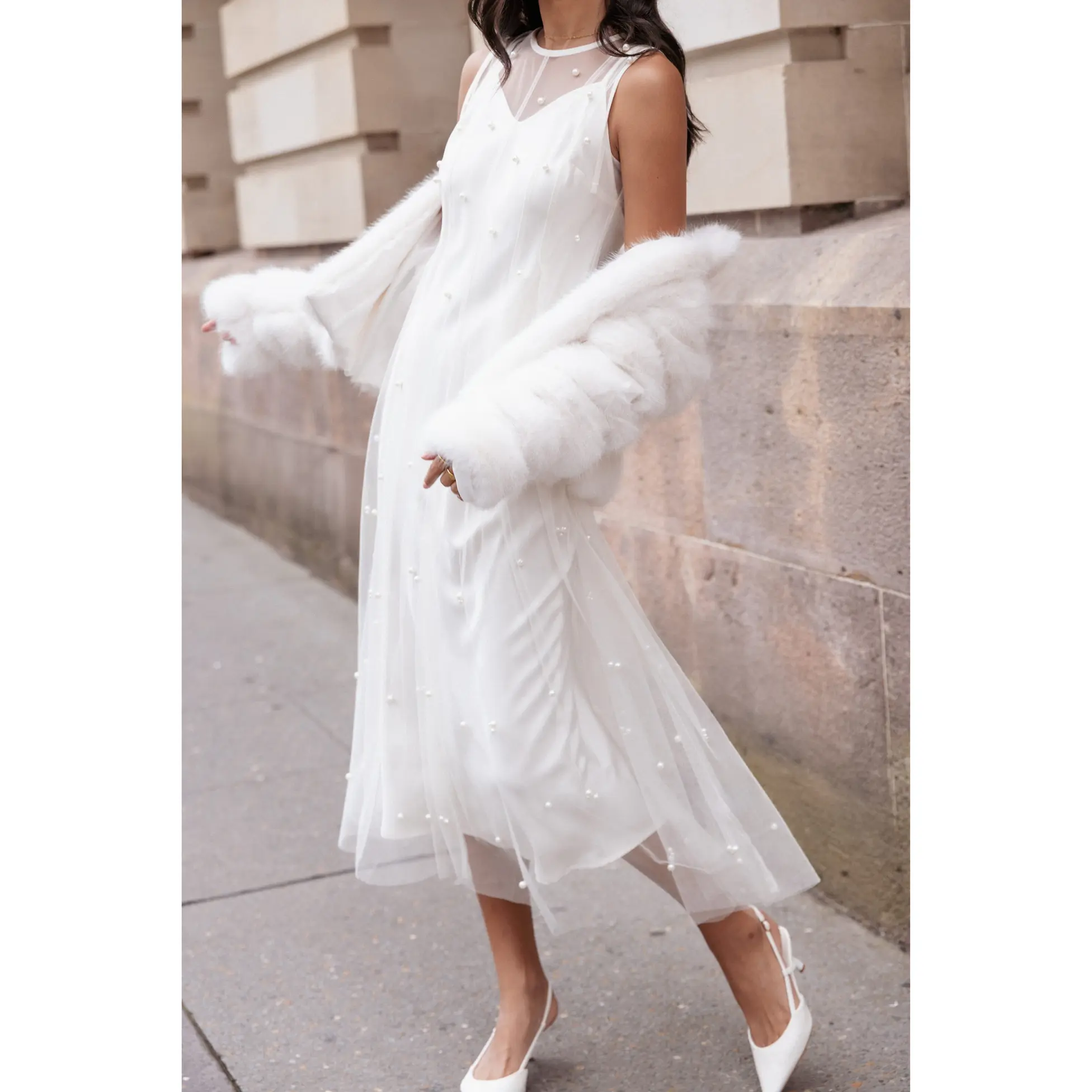 Yulia Pearl Midi Dress - Ecru