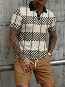 Men's Plaid Patchwork Checked Short Sleeve Polo Shirt with Casual Shorts Set, Slim-Fitting Graphic Tee, Above the Knee Bottom Type