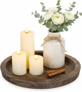 Distressed Wooden Round Tray - Rustic Farmhouse Decorative Candle Holder, Tealight and Pillar Candle Plate for Coffee Table, Wedding Home Decor