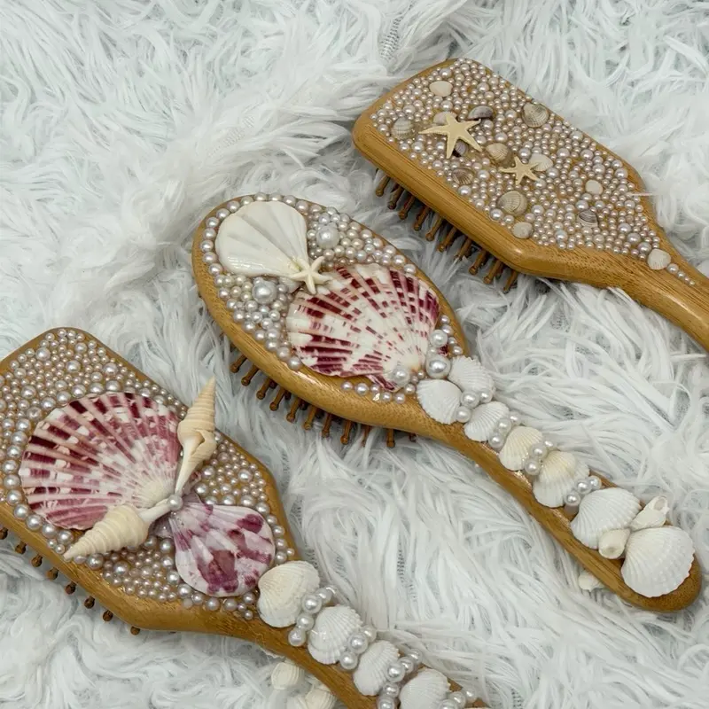 Handmade hairbrush with seashell and pearls