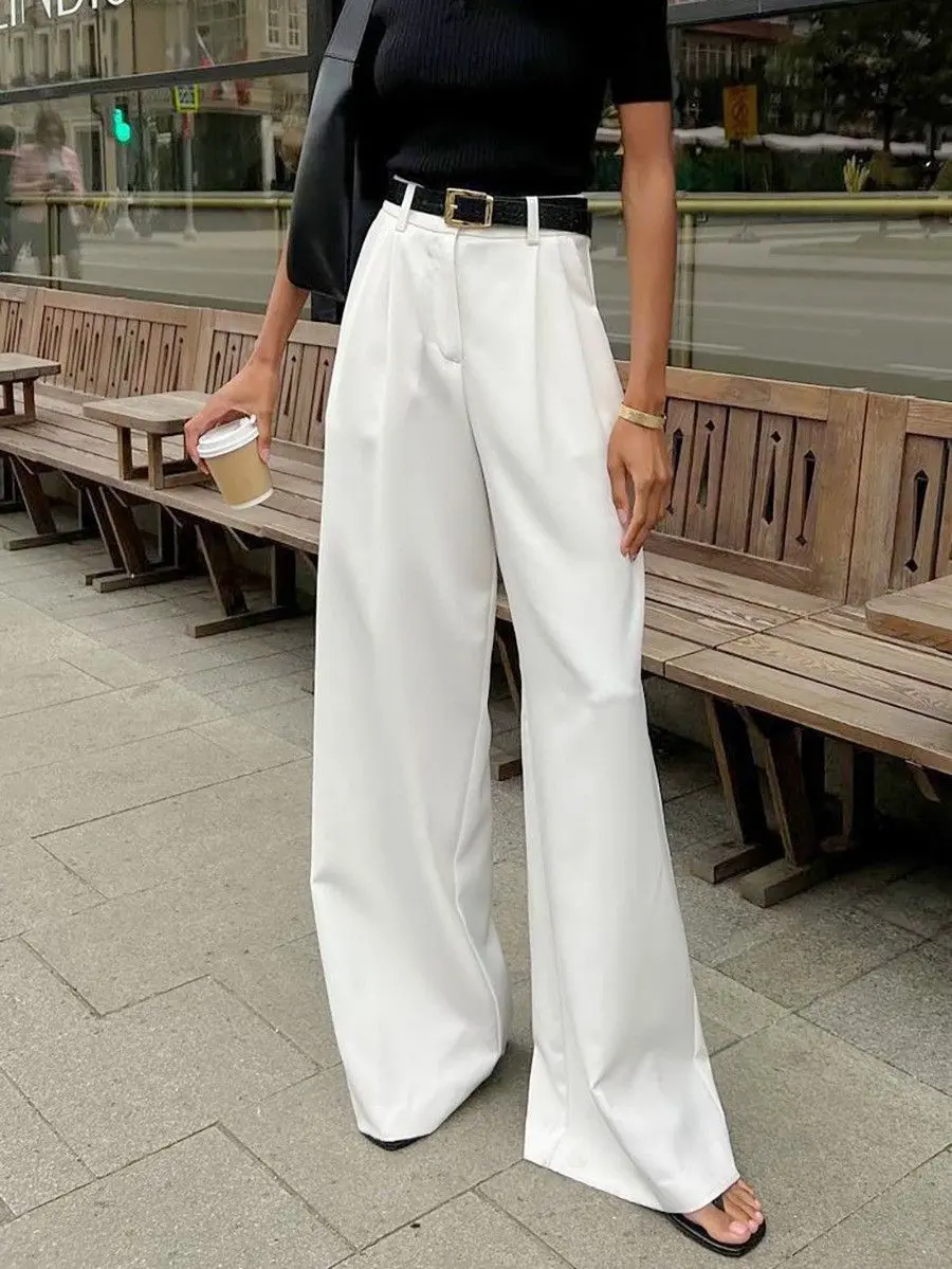 Women’s white high-waisted pleated wide-leg pants, full-length trousers with belt loops and side pockets for work, travel, and business casual wear