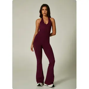 Women's Seamless One Piece Yoga Jumpsuit, Sexy Halter Neck Backless Design, Flared Legs Athletic Bodysuit for Fitness & Sports