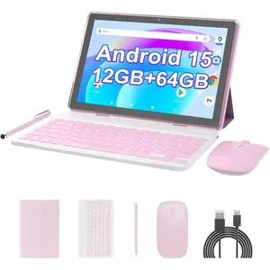 Android 15 Tablet 10 inch, 2 in1 Tablets with Keyboard Case  Stylus, 10GB RAM 64GB ROM 1TB Expand, Quad-Core Processor Tablet PC, 5G WiFi6, BT5.0, 6000mAh, 1280*800 IPS Screen, Widevine L1, Pink