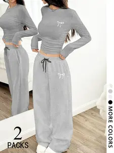 Y2K School Sweet Cool Girl Back-To-School Set, Bow Print Ruched Top & Wide Leg Pants, Youthful and Stylish, Everyday Fit, Multiple Colors Available, Womenswear