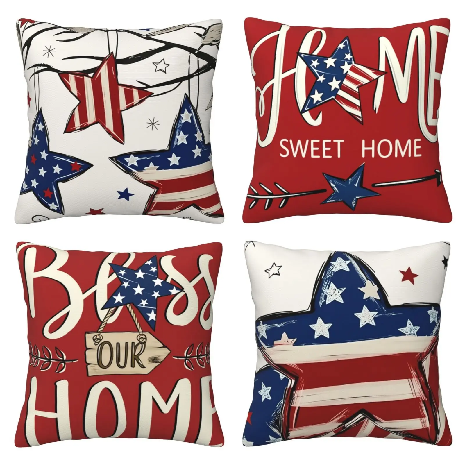 July 4th themed pillow cover, Blessing and Freedom style, patriotic red, white, and blue three color pillow cover, summer outdoor sofa bed decoration, Independence Day and Memorial Day party decoration, home textile, 4-piece set with double-sided printing