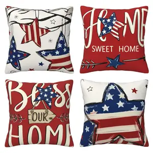 July 4th themed pillow cover, Blessing and Freedom style, patriotic red, white, and blue three color pillow cover, summer outdoor sofa bed decoration, Independence Day and Memorial Day party decoration, home textile, 4-piece set with double-sided printing