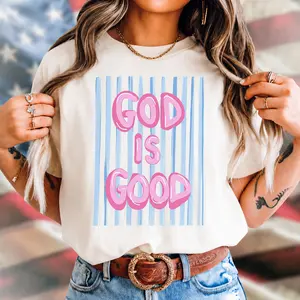 Women's Short Sleeve God Is Good Graphic Tee - Curly Hair Co Cute Christian Faith Bubble Letter Bible Shirt, Pink graphic tees