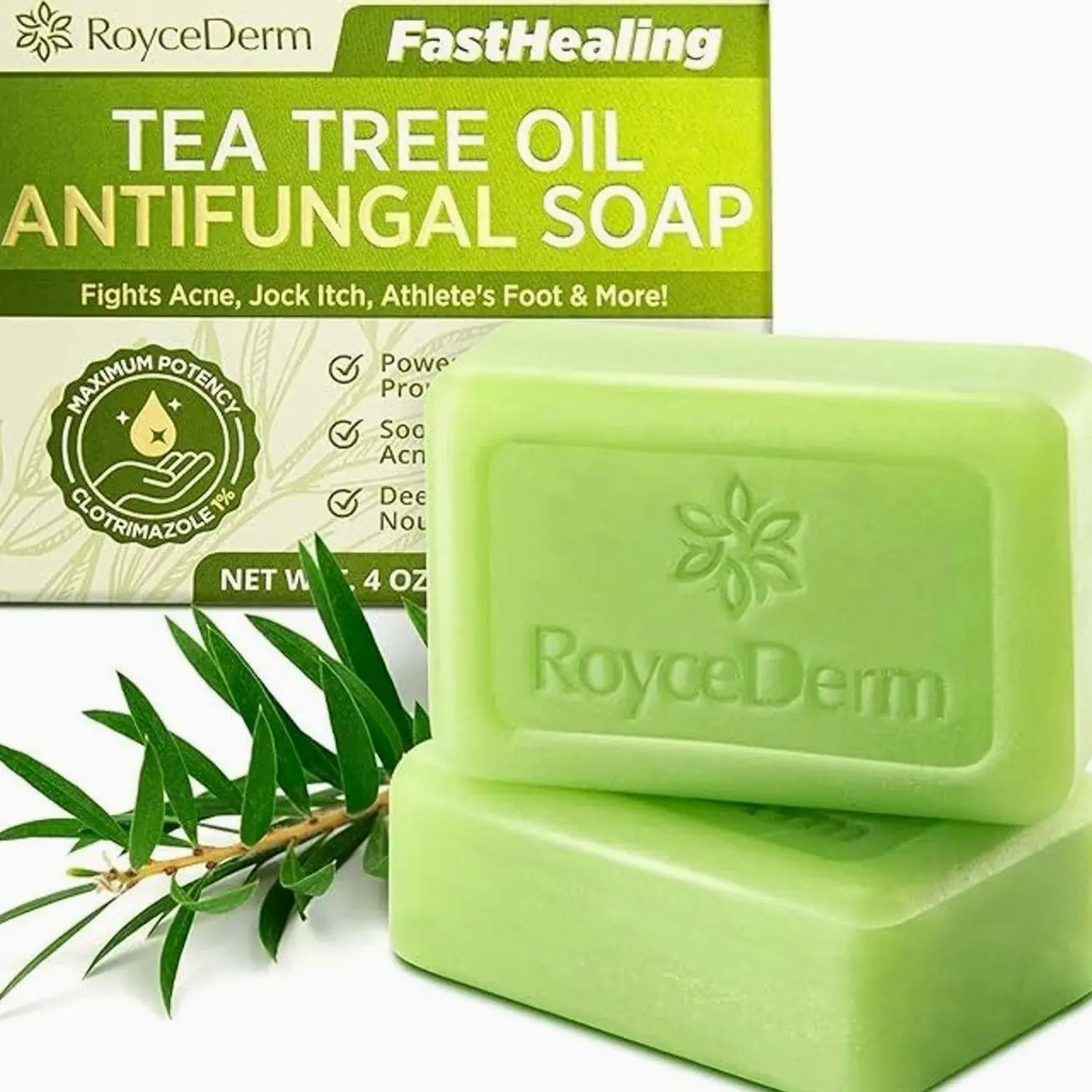 Roycederm Antifungal Antibacterial Tea Tree Soap: Antifungal Antibacterial Treatment for Face & Body Acne, Athlete's Foot, Tinea, Folliculitis Ringworm Jock Itch (Pack of 1)