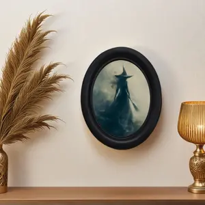 Vintage Halloween Witch Broom Artistic Wall Art Decoration, Handmade Oval Wooden Decor, 5.25x4.16 Inches for Halloween, Christmas, Thanksgiving