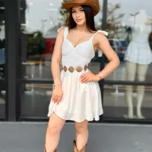 Bow Detail Boho Dress - White Sleeveless with Belted Waist and Hat Accessory