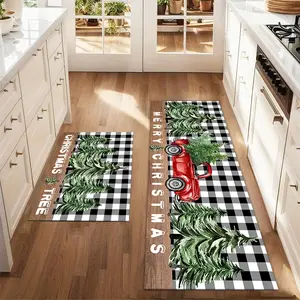 2Pcs Christmas car and Christmas tree black and white grid Floor mat set for farmhouse kitchen Rug restaurant floor laundry room decor carpet mat