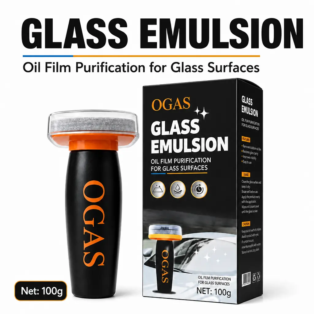 OGAS Glass Emulsion Oil Film Remover 100g - Car Windshield Glass Cleaner with Built-in Applicator for Water Spots & Road Grime