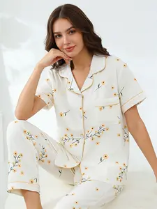 Cottagecore Style Cream White Daisy Pajama Set for Women, Button Down Short Sleeve Long Pants, Spring Summer Breathable Loungewear, Floral Print, Cozy Home Outfit