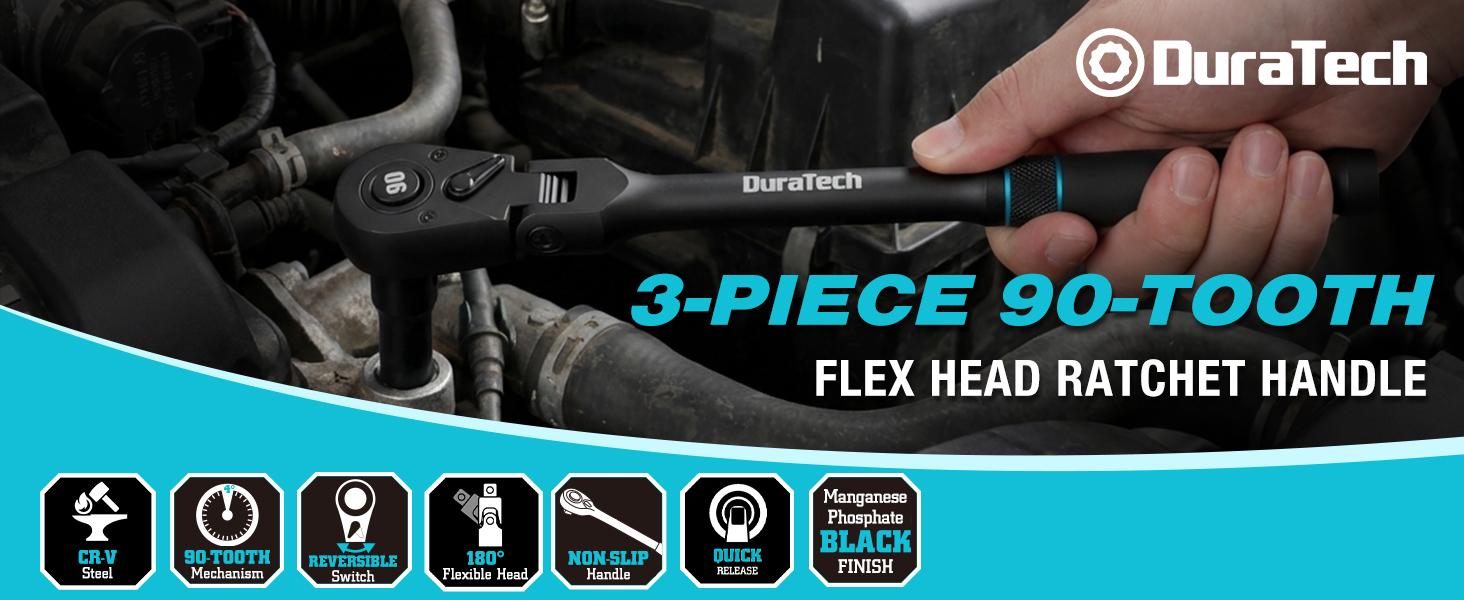 #backtoschool DURATECH 3-Piece Flex-Head Drive Ratchet Handle, 1/4", 3/8", 1/2" 90-Tooth Quick-Release Ratchet Wrench with 180° Pivoting Head & 7-Position Setting, Reversible, CR-V Made, Black Mn Phosphate Finish
