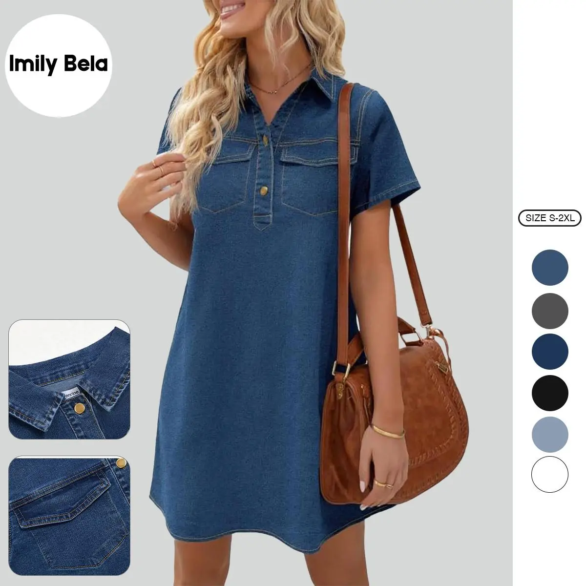 Imily Bela Women's Short-Sleeve Button-Front Collared Neck A-Line Plain Loose-Fit Denim Mini Dress - Side Button, Western Aesthetic, Summer Daily Casual Wear