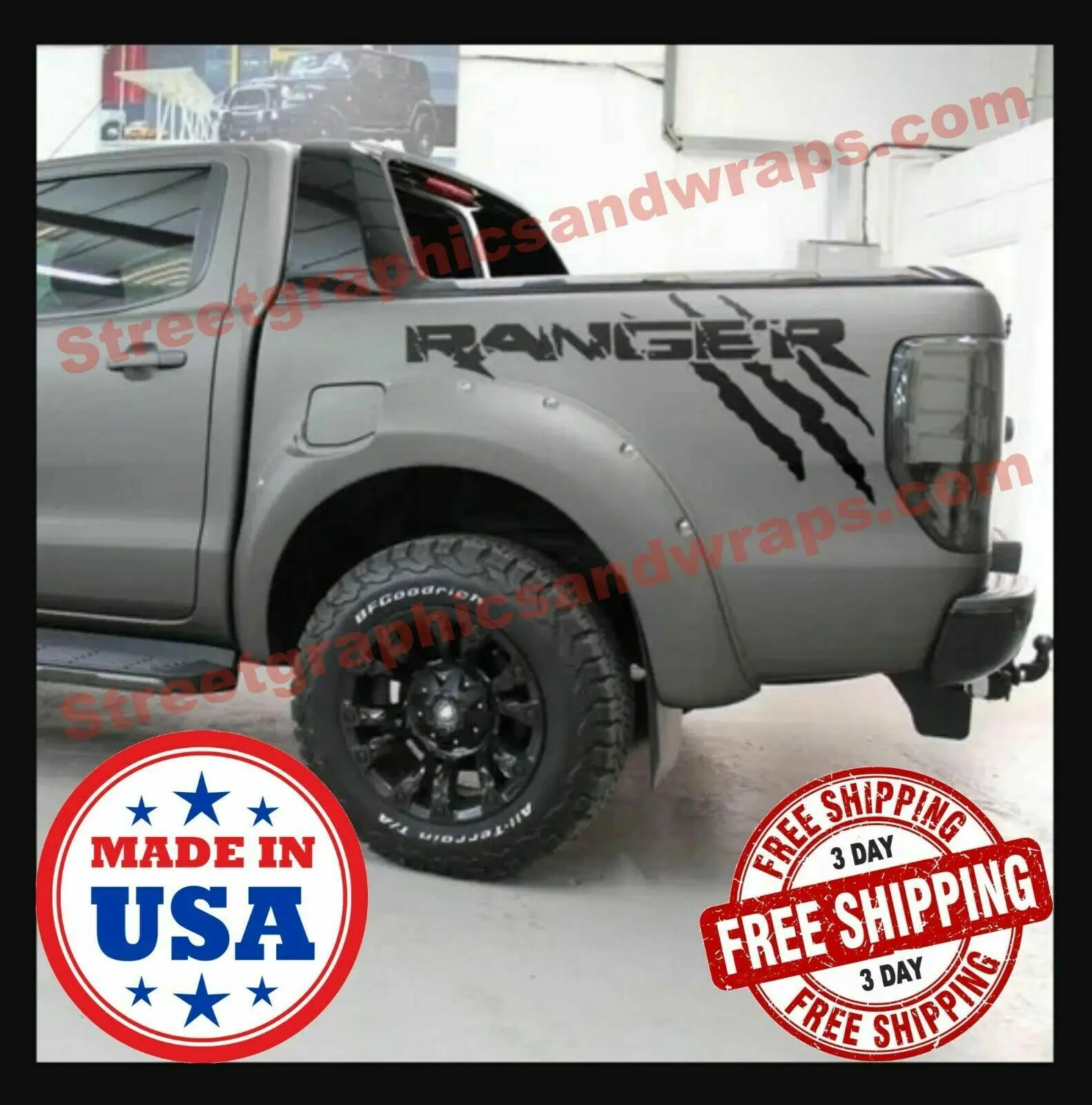 RANGER RAPTOR BED DECALS STICKER MATTE BLACK, MADE IN USA (2PC)