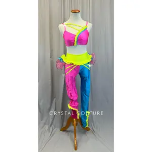 Neon Pink, Yellow and Aqua Blue Pants and Bra Top Two-Piece Set -Rhinestones