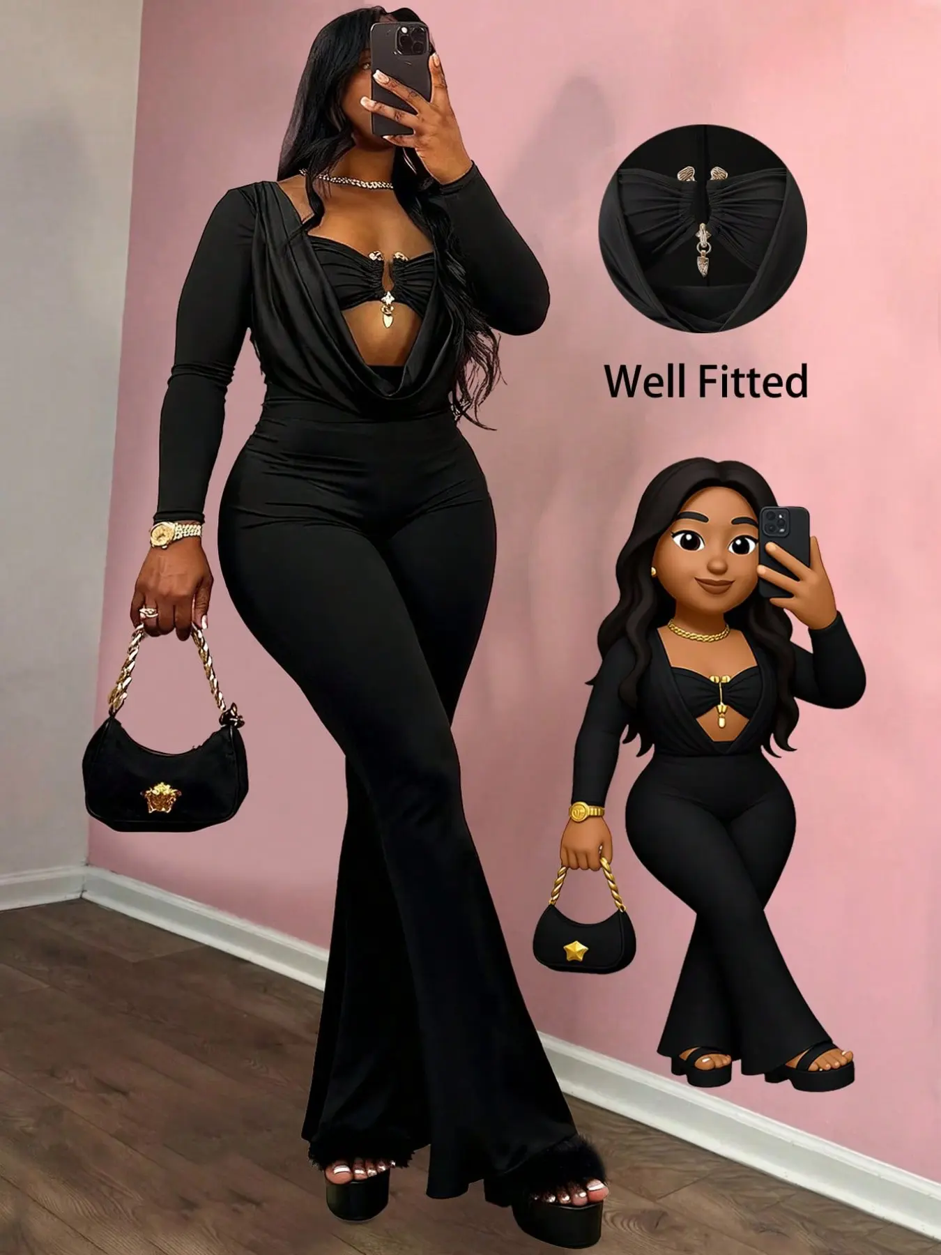 Women's Sexy Halter Metal Buckle Long Sleeve Fitted Jumpsuit, Womenswear, Flare Jumpsuits, Flare Leg Ultra-Leg-Lengthening, Fashionable All-Season Wear