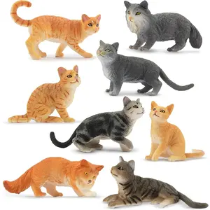 8PCS Grey & Orange Cat Figurines Set, Realistic Cat Figures Kitten Toys, Cat Cake Toppers Easter Eggs Birthday Gift for Kids Children