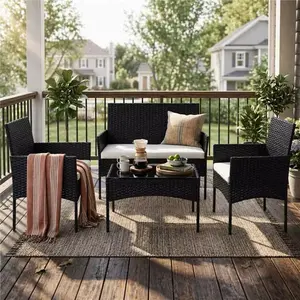 3-Piece/4-Piece Patio Furniture Set, Wicker Outdoor PE Rattan Furniture with Coffee Table & Washable Cushion, Compact Bistro Conversation Seating for Balcony, Garden, Poolside