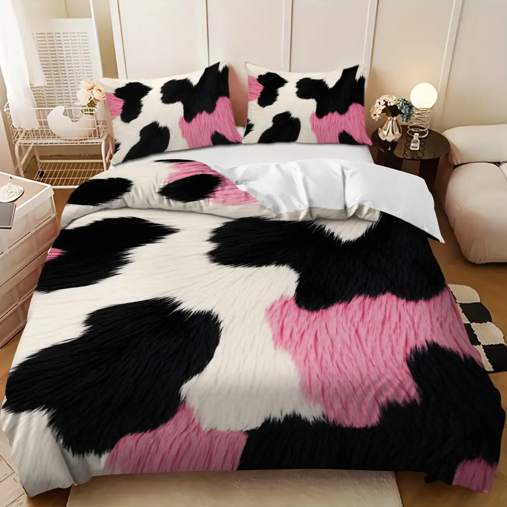 Bedding 3-piece set - 3PCS,Pink, White and Black Cow Print Plush Design Down Comforter Set (1 comforter cover + 2 pillowcases, filling not included) - soft and comfortable, suitable for family bedrooms. Decorative Bedding Set Bed Sets