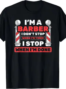 Barber-themed barber's stick and scissors T-shirt - 100% cotton short-sleeved crew neck casual style, suitable for parties, holidays, birthdays, and as a barber's gift.