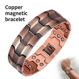 Hot selling antique red copper bracelet with intricately carved lines, retro and fashionable wheel texture, fully magnetized couple bracelet