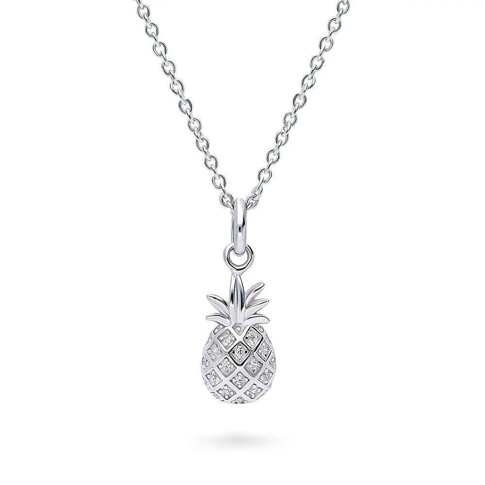 BERRICLE Sterling Silver Pineapple Pendant Necklace for Women, Cubic Zirconia CZ 16 inch, Yellow Gold Flashed/Rhodium Plated