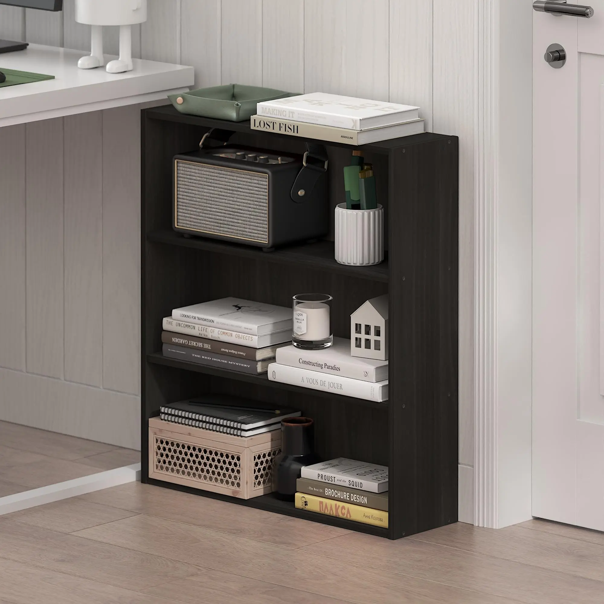 Aesthetic Bookshelf - 3-Tier Low-Profile Composite Wood Contemporary Space-Saving Multi-Tier Organizer Shelf, 7x24x26in Cube Storage for Living Room, Book Nook Collectibles Organization