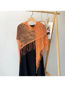 2026 New Fringe Shawl Solid Color Knitted Lace Shawl Wool Triangle Scarf