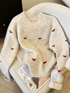 Women's Spring & Fall Sweet Cute Style Heart Pattern Knitted Sweater, Loose Fit, Knitwear, Perfect for St Patrick's Day & Easter