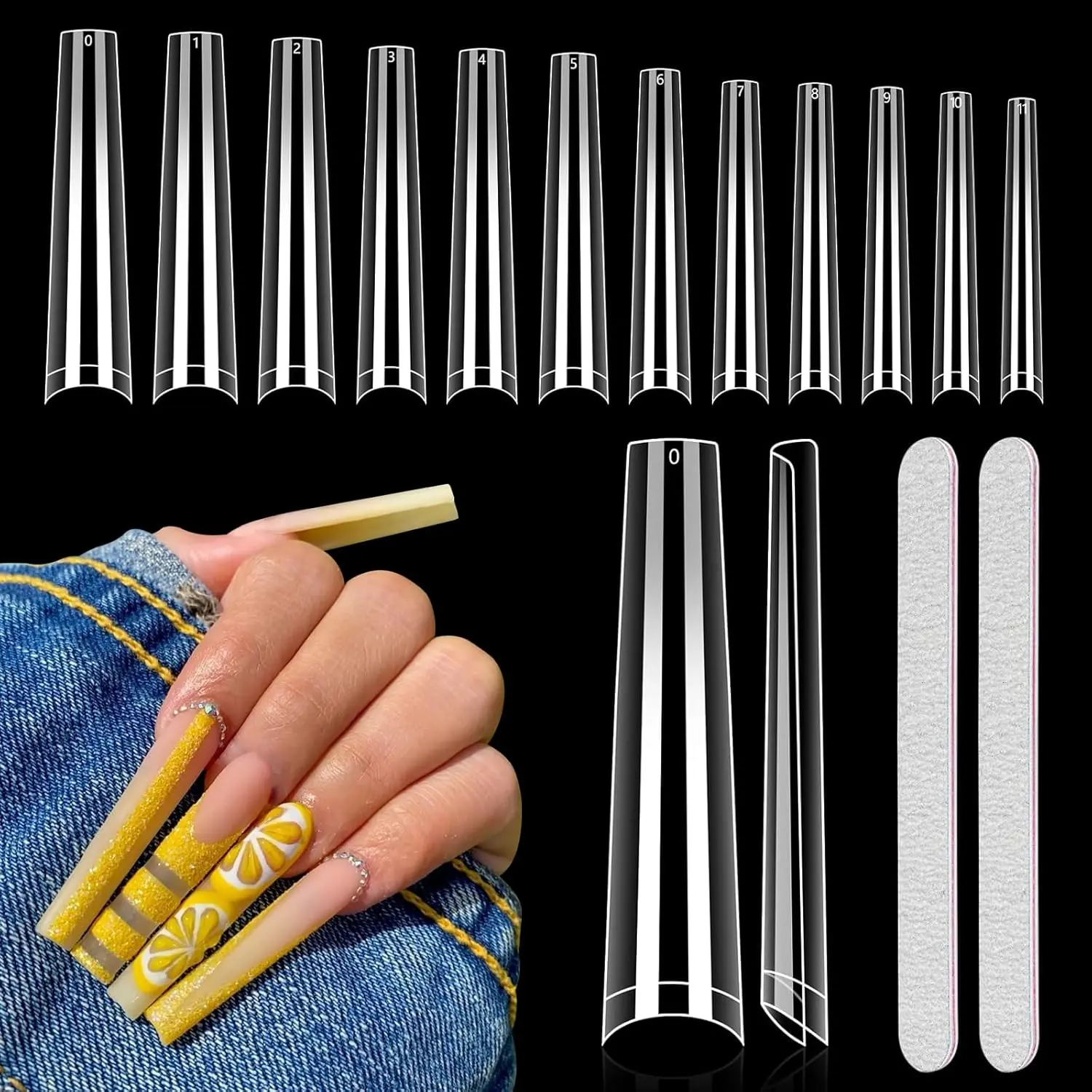Long Clear Coffin Nails Tips 504PCS, 3XL Half Cover with 2 Nail Files | No C Curve Acrylic Nail Tips, 12 Sizes, No Crease, Soft Flexible, Sturdy, Durable, Long-Lasting, for Salon Home DIY