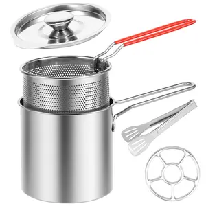 Wedding Gift Deep Fryer with Strainer Basket and Handle Stainless Steel Fry Pot Food Grade Outdoor Fryer with Lid Portable Food Cooking Pot for Frying Fish Shrimp Chicken and Fries
