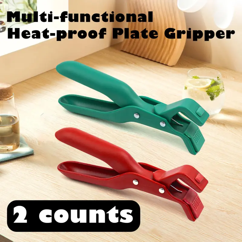 Stainless Steel 2-Pack Hot Plate Gripper Kitchen Gadgets - Silicone Anti-Scald Foldable Hanging Storage Bowl Clip, Dish Retriever Tongs, Red and Green