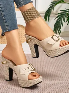 Women's Vintage Metal Buckle Decor High Heel Sandals, Casual Square Toe Cone Heels, Flannel Material, Less Than Ankle Height