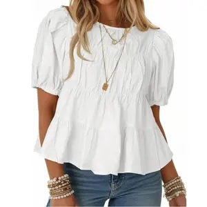 Tankaneo Womens Puff Sleeve Peplum Babydoll Tops Summer Smoked Pleated Cotton T-Shirts Casual Loose Fit Flowy Blouse