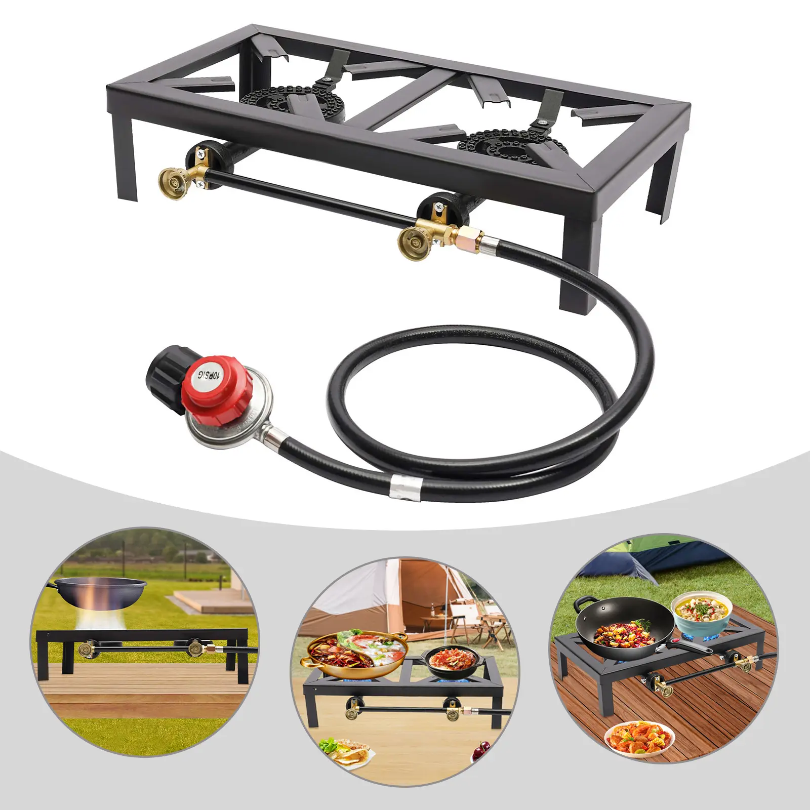 8000W Max Power Cast Iron Dual Burners Propane Gas Stove - Camping Gear for Outdoor Cooking, Equipped with Regulator & Hose